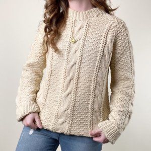 Vintage Handmade 100% Wool Cable Knit Oversized Sweater Chunky Cozy Aran Preppy